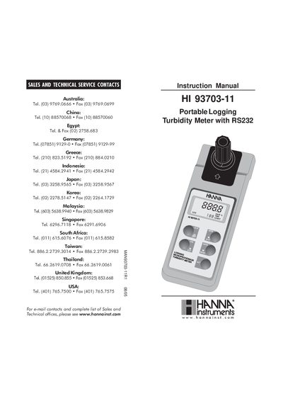 HANNA HI 93703-11 Portable Logging Turbidity Meter with RS232 Instruction Manual - cover page