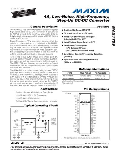 Maxim MAX1709 4A Low-Noise High-Frequency Step-Up DC-DC Converter Datasheet - cover page