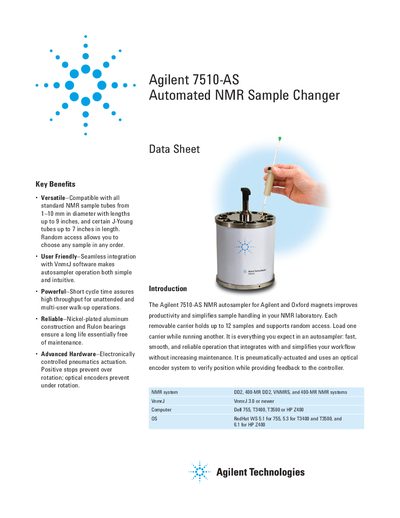 Agilent 7510-AS Automated NMR Sample Changer Data Sheet - cover page