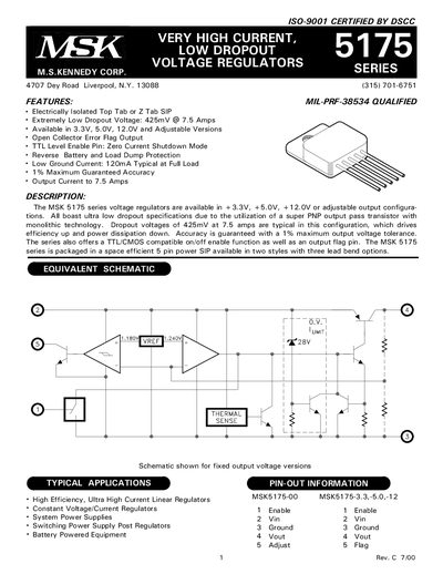 MSK 5175 Series Very High Current Low Dropout Voltage Regulators Datasheet - cover page