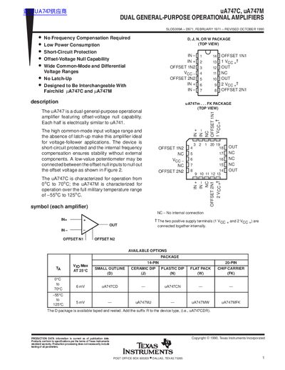 Texas Instruments uA747C/uA747M Dual General-Purpose Operational Amplifiers Datasheet - cover page