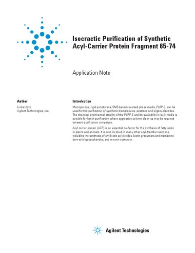 Agilent Isocratic Purification of Synthetic Acyl Carrier Protein Fragment 65-74 Application Note - cover page