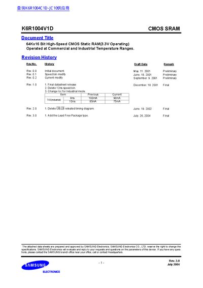 Samsung K6R1004V1D CMOS SRAM Datasheet - cover page