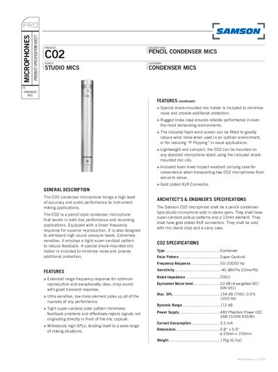 Samson C02 Studio Microphone Product Specification Sheet - cover page