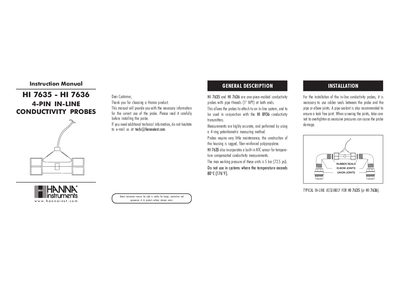 Hanna Instruments HI 7635/7636 4-Pin In-Line Conductivity Probes Instruction Manual - cover page