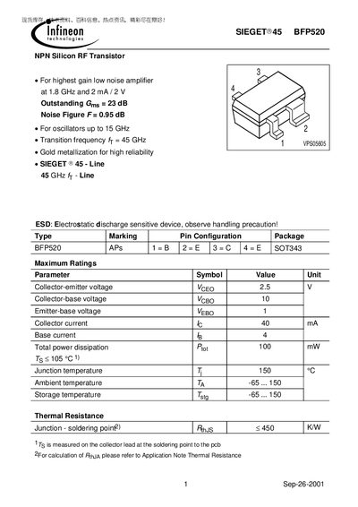 Infineon BFP520 NPN Silicon RF Transistor Datasheet - cover page
