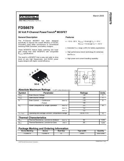 Fairchild FDS6679 P-Channel MOSFET Datasheet