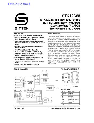 SIMTEK STK12C68 Nonvolatile Static RAM Datasheet - cover page