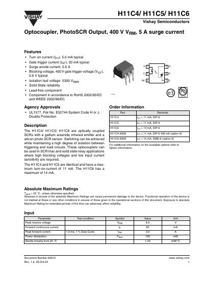 Vishay H11C4/H11C5/H11C6 Optocoupler Datasheet - cover page