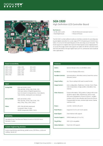 Digital View SGX-1920 Datasheet - cover page