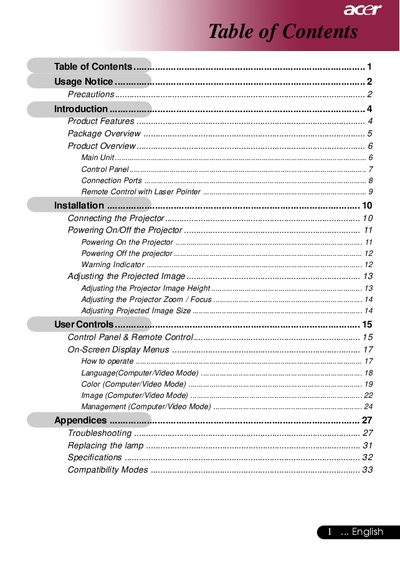 Acer XGA Single Chip 0.7 DLP Projector User Manual - cover page