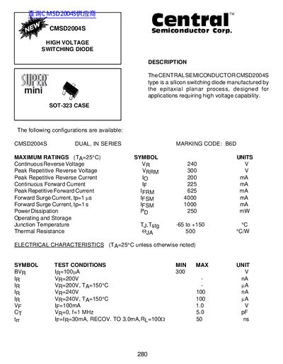 Central Semiconductor Corp. CMSD2004S High Voltage Switching Diode Datasheet - cover page