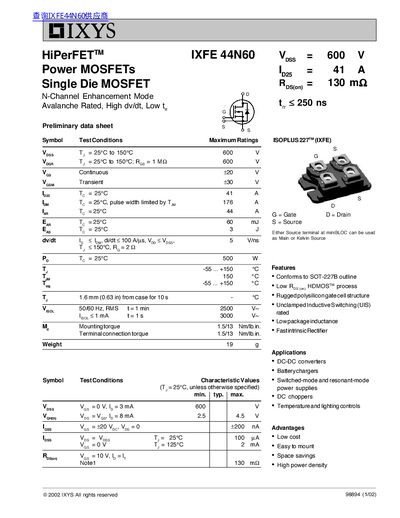 IXYS IXFE 44N60 Power MOSFET Preliminary Data Sheet - cover page