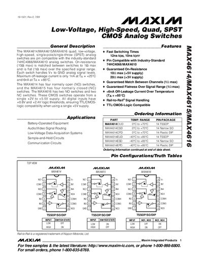Maxim MAX4614/MAX4615/MAX4616 Quad SPST CMOS Analog Switches Datasheet - cover page