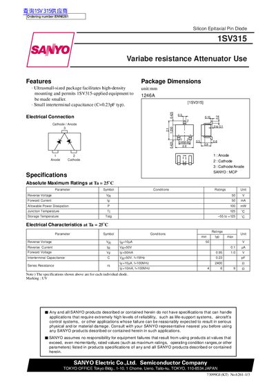 SANYO 1SV315 Silicon Epitaxial Pin Diode Datasheet - cover page