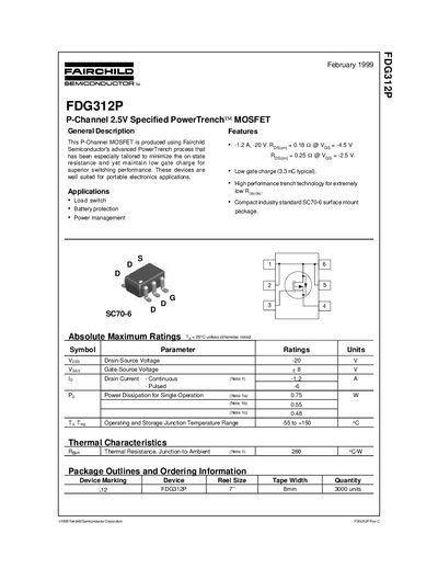 Fairchild FDG312P P-Channel MOSFET Datasheet - cover page