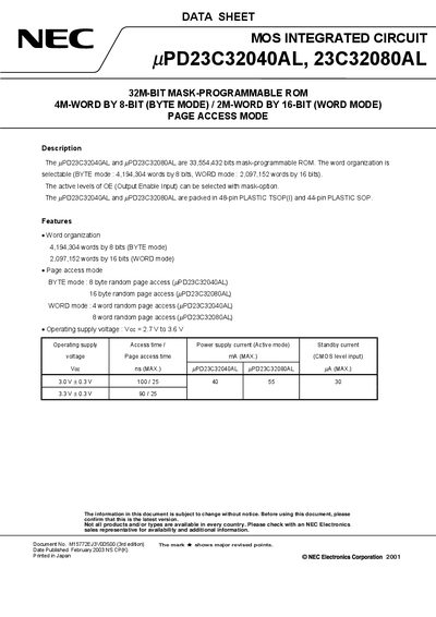 NEC uPD23C32040AL / uPD23C32080AL Mask-Programmable ROM Datasheet - cover page