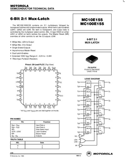 Motorola MC10E155/MC100E155 6-Bit 2:1 Mux-Latch Datasheet - cover page