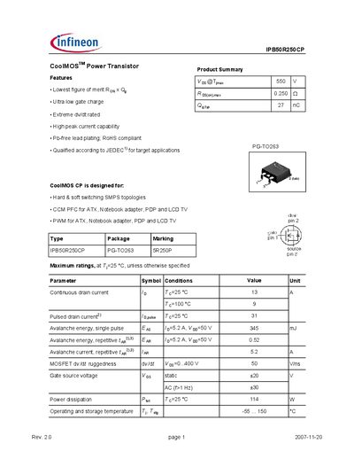 Infineon IPB50R250CP Datasheet - cover page