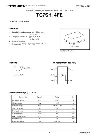 Toshiba TC7SH14FE CMOS Schmitt Inverter Datasheet - cover page