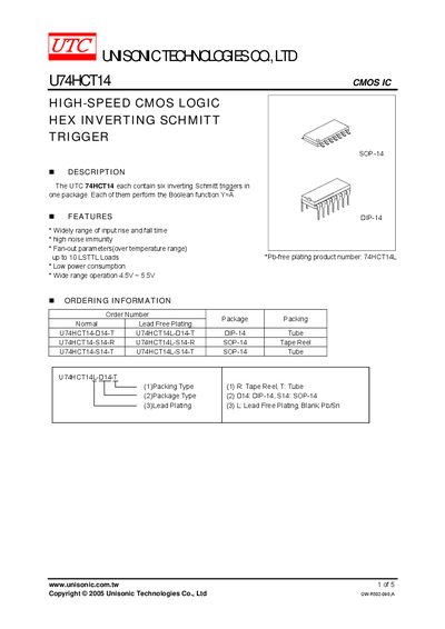 UTC U74HCT14 Data Sheet - cover page