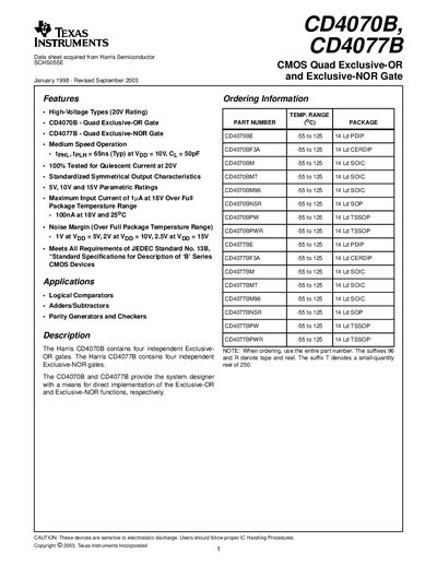 Texas Instruments CD4070B & CD4077B CMOS Quad Exclusive-OR/NOR Gate Datasheet - cover page