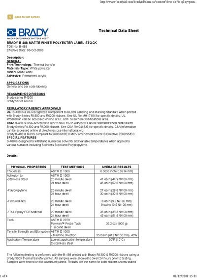 BRADY Technical Data Sheet BRADY B-488 MATTE WHITE POLYESTER LABEL STOCK TDS No. B-488 Effective Date: 03-Oct-2006 - cover page