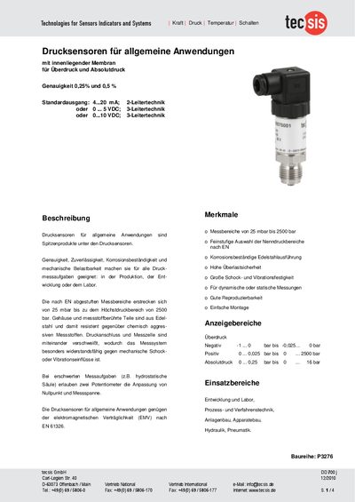 Tecsis P3276 Pressure Sensor Technical Data Sheet - cover page