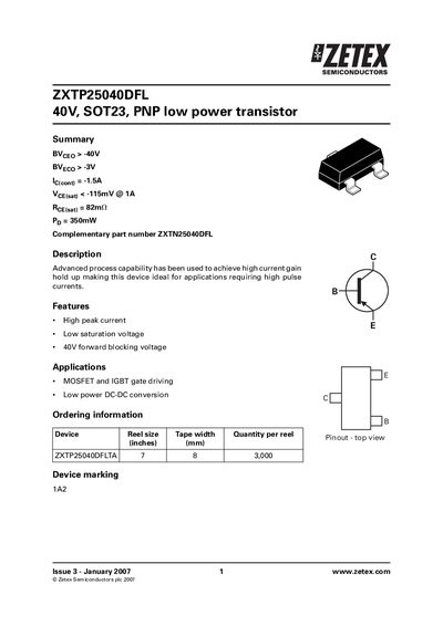 Zetex ZXTP25040DFL Datasheet - cover page