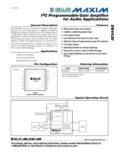 Maxim DS4420 I2C Programmable‑Gain Amplifier Datasheet - cover page