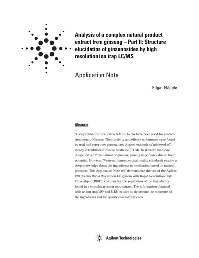 Agilent 1200/6330 LC/MS Application Note: Structure Elucidation of Ginsenosides - cover page