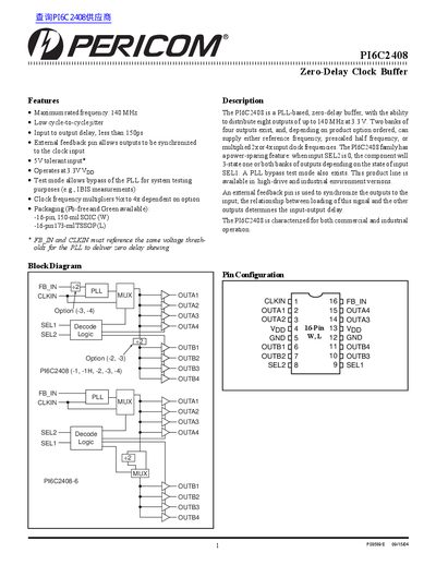Pericom PI6C2408 Zero Delay Clock Buffer Datasheet - cover page