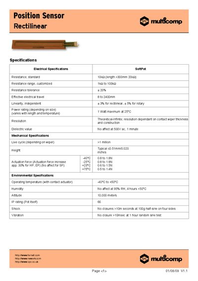 Multicomp Position Sensor Rectilinear Datasheet - cover page