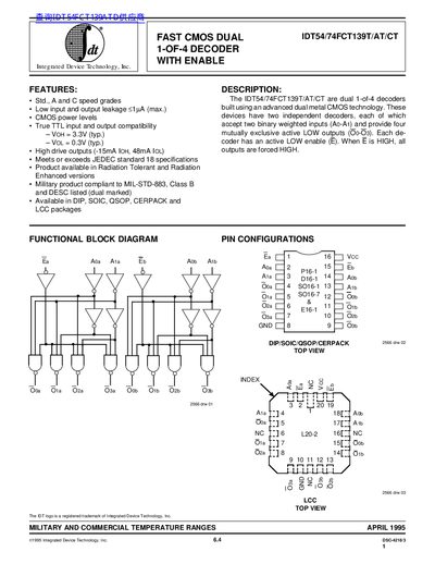 Integrated Device Technology IDT54/74FCT139T/AT/CT Dual 1-of-4 Decoder Datasheet - cover page