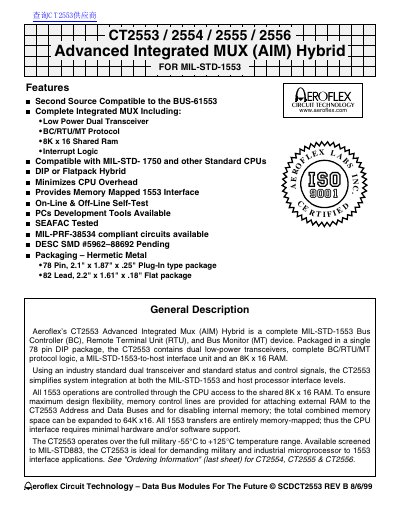 AEROFLEX CT2553/2554/2555/2556 Advanced Integrated MUX (AIM) Hybrid FOR MIL-STD-1553 - cover page