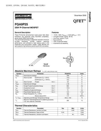Fairchild FQA9P25 P-Channel MOSFET Datasheet - cover page