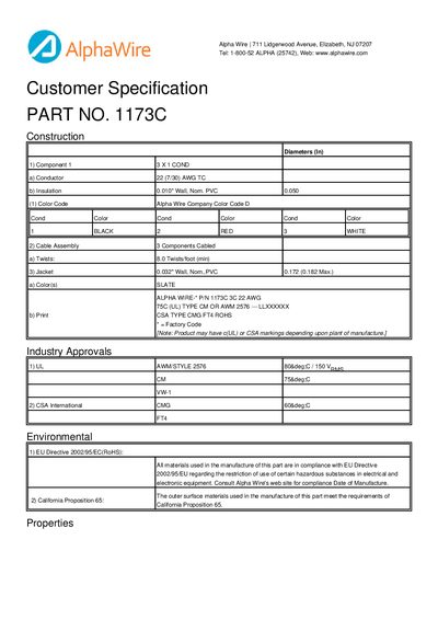 Alpha Wire 1173C Wire Datasheet - cover page