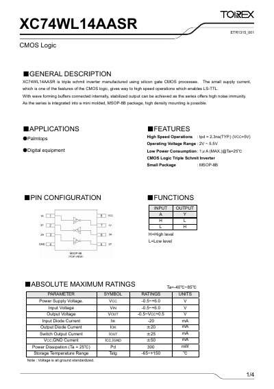 Torex XC74WL14AASR CMOS Logic Datasheet - cover page
