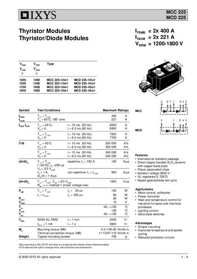 IXYS MCC 225/MCD 225 Thyristor Module Datasheet - cover page