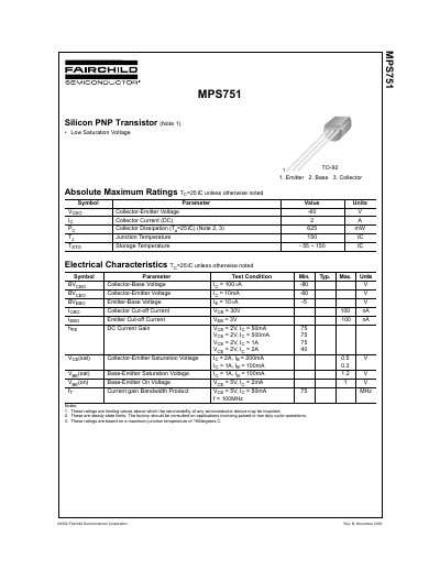 Fairchild MPS751 Silicon PNP Transistor Datasheet - cover page