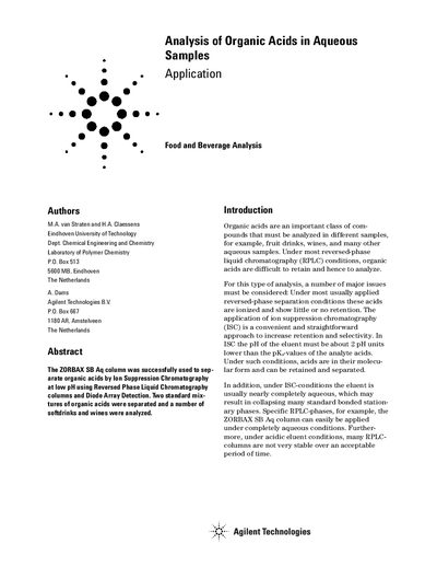 Agilent ZORBAX SB-Aq Column Organic Acid Analysis Application Note - cover page