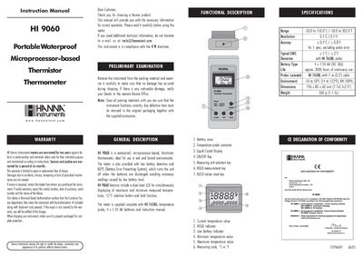 Hanna Instruments HI 9060 Portable Waterproof Thermistor Thermometer Instruction Manual - cover page