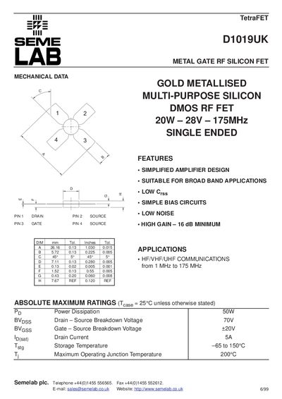 Semelab D1019UK Lab Metal Gate RF Silicon FET Datasheet - cover page