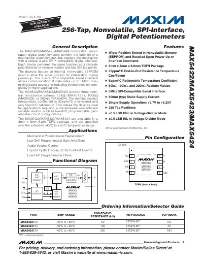 Maxim MAX5422/MAX5423/MAX5424 256‑Tap Nonvolatile SPI‑Interface Digital Potentiometer Datasheet - cover page