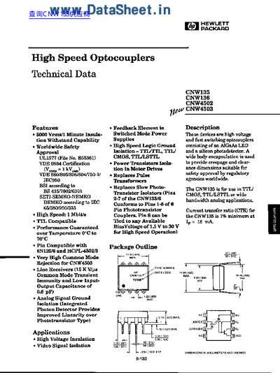Hewlett-Packard CNW135/136/4502/4503 High Speed Optocouplers Technical Data Sheet - cover page