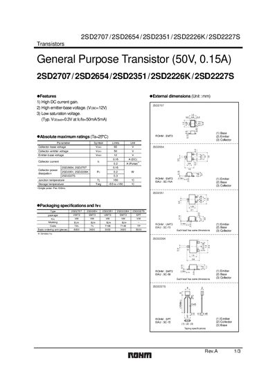 Rohm 2SD2707/2SD2654/2SD2351/2SD2226K/2SD2227S Data Sheet - cover page