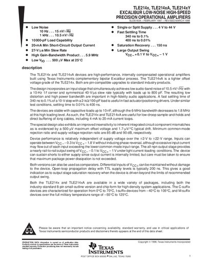 TEXAS INSTRUMENTS TLE214x TLE214xA TLE214xY EXCALIBUR LOW-NOISE HIGH-SPEED PRECISION OPERATIONAL AMPLIFIERS SLOS183 Manual - cover page