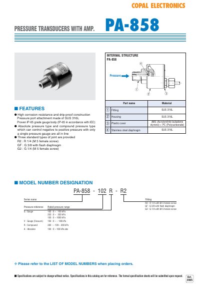 PA-858 Pressure Transducer with Amplifier Datasheet - cover page