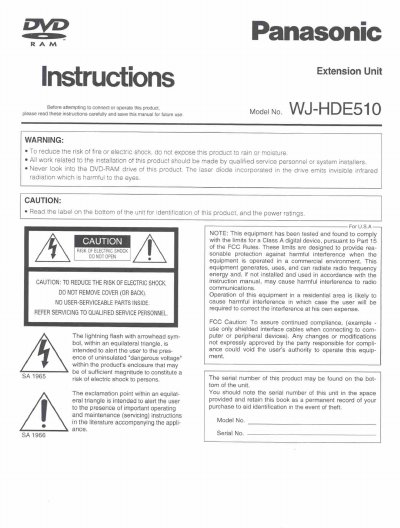 Panasonic WJ-HDE510 DVD Extension Unit Instructions - cover page