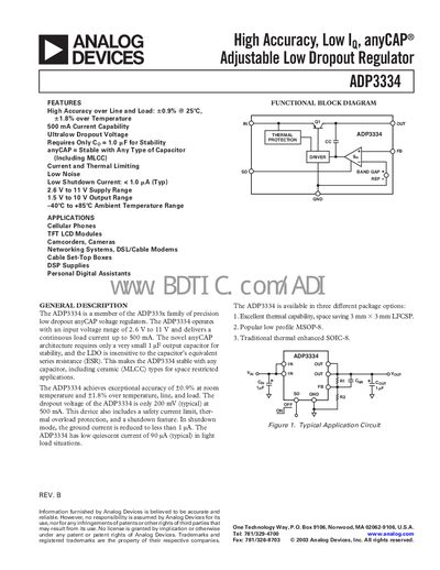 Analog Devices ADP3334 Adjustable Low Dropout Regulator Datasheet - cover page